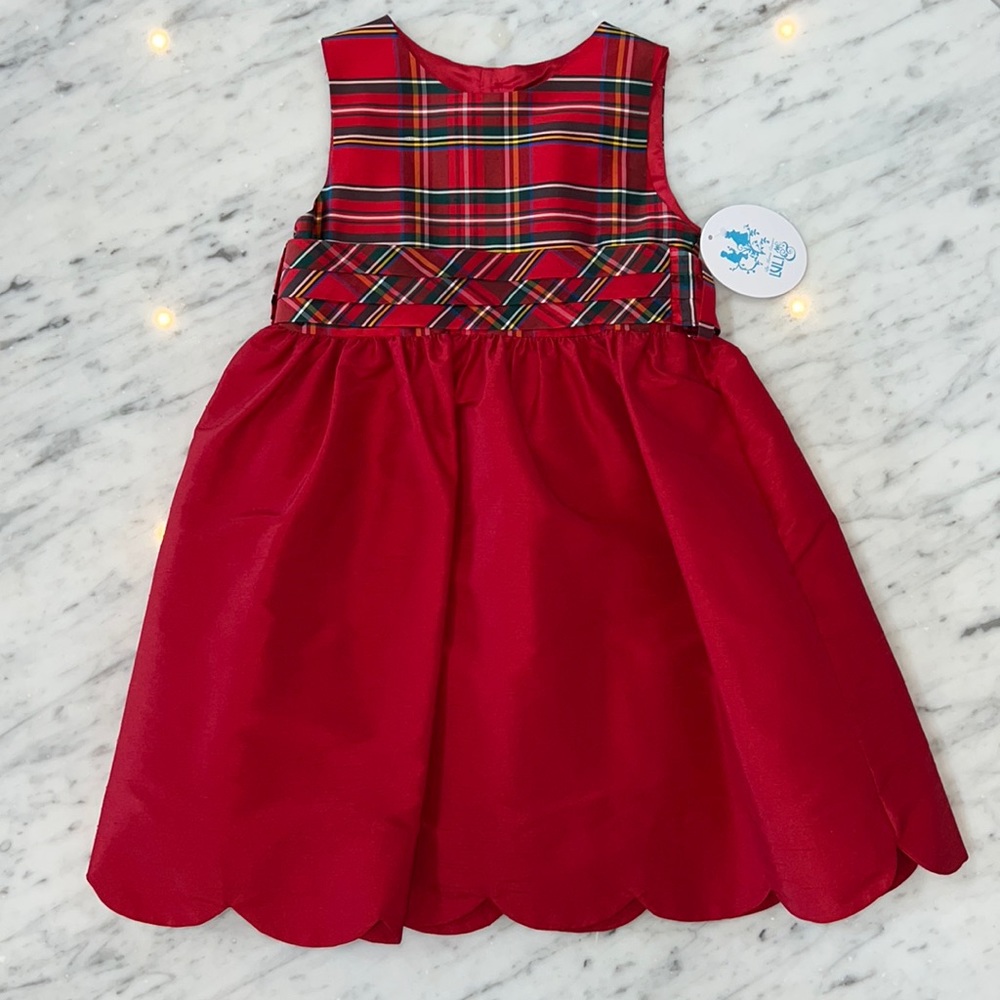 New Luli and Me Girls Red Silk Holiday Christmas Plaid Scallop Hem Party Dress - Picture 1 of 5